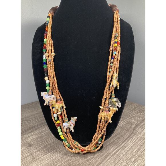 Handmade Jewelry - Vtg Fetish Bib Necklace Wooden Ethnic Animals w/ Shell, Glass Beads Hand Carved